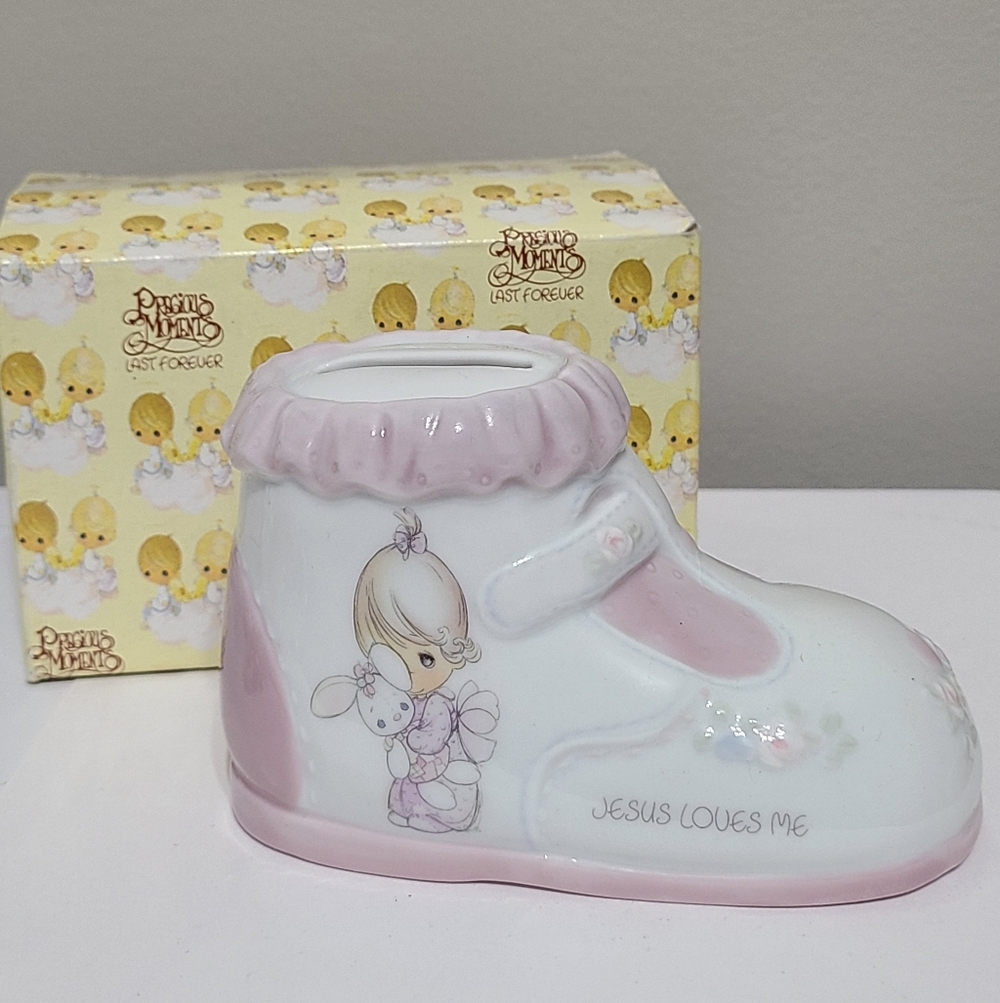 Precious Moments Girl with Bunny Jesus Loves Me Shoe Bank Porcelain Figurine